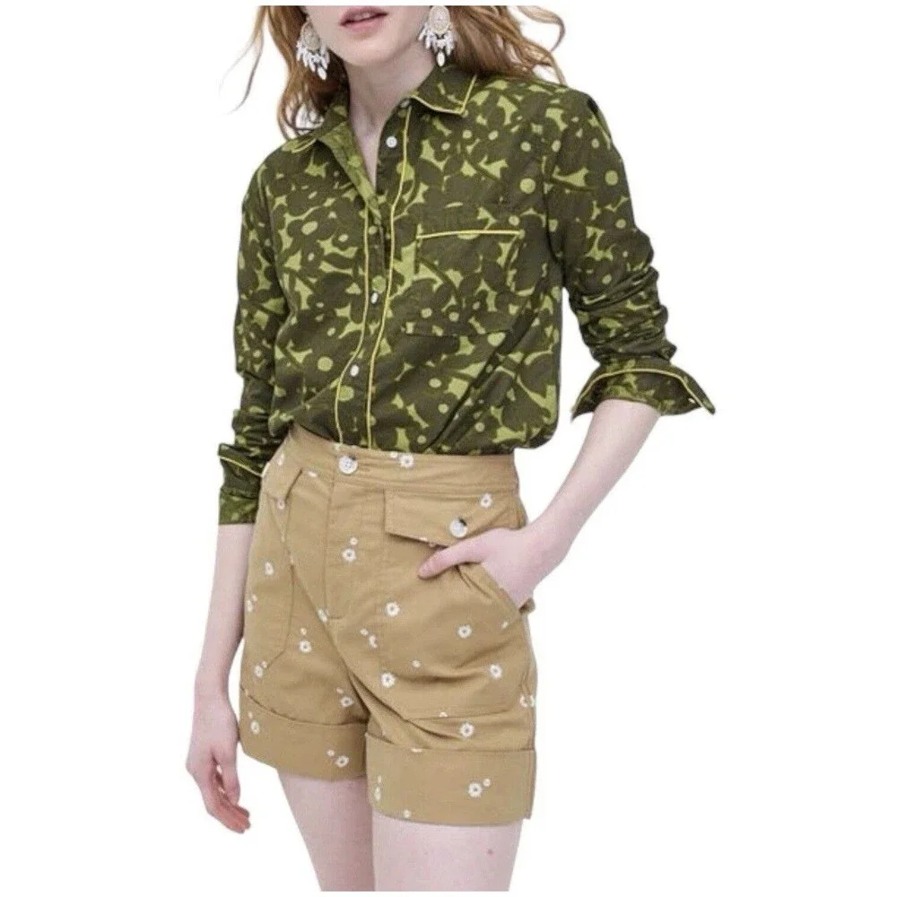 J. Crew Womens M Olive Green Camo Floral Long Sleeves Button Up Shirt Pockets